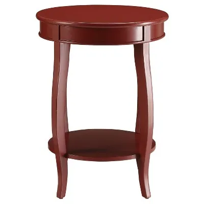 Aberta End Table Red - Acme Furniture: Antique Finish, Round Side Table, Wood Legs & Shelf