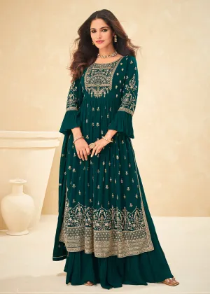 Beautifully Embroidered Teal Green Festive Palazzo Suit