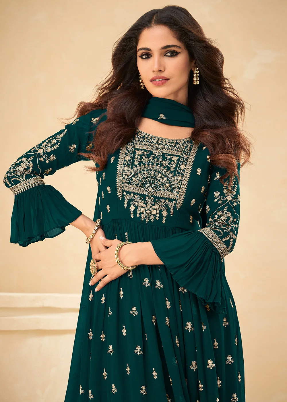 Beautifully Embroidered Teal Green Festive Palazzo Suit