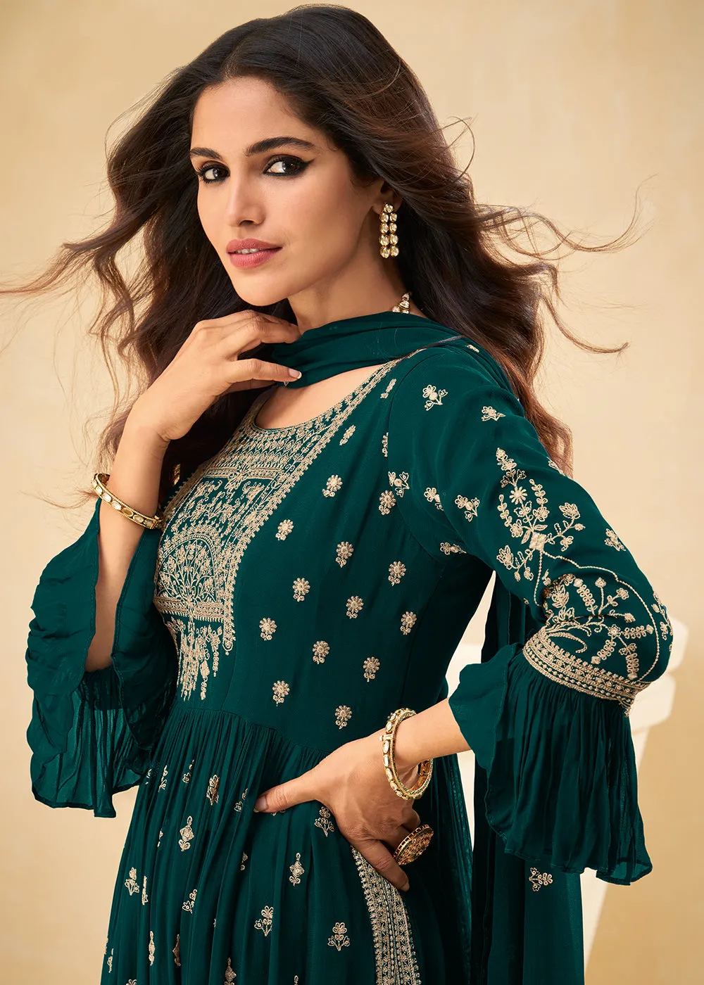 Beautifully Embroidered Teal Green Festive Palazzo Suit