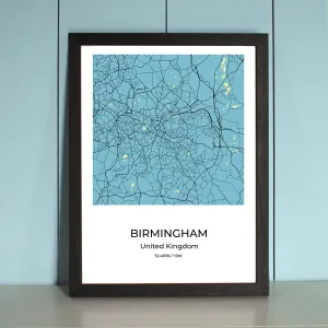 Birmingham City Map Wall Art Poster with Wooden Frame