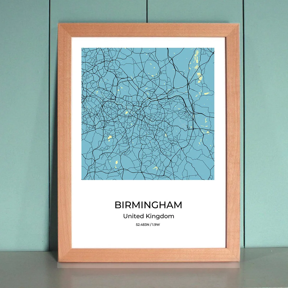 Birmingham City Map Wall Art Poster with Wooden Frame