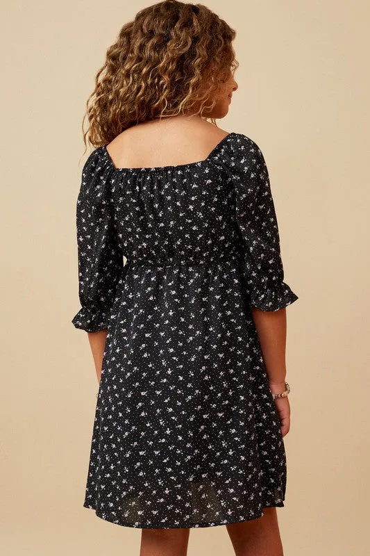 Black Ditsy Floral Smocked Square Neck Dress