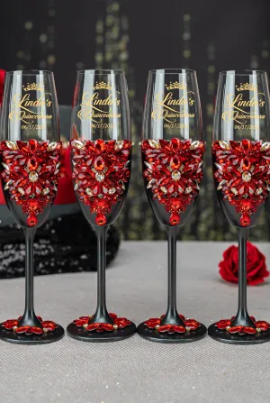 Black with Red 4 quinceanera champagne glasses