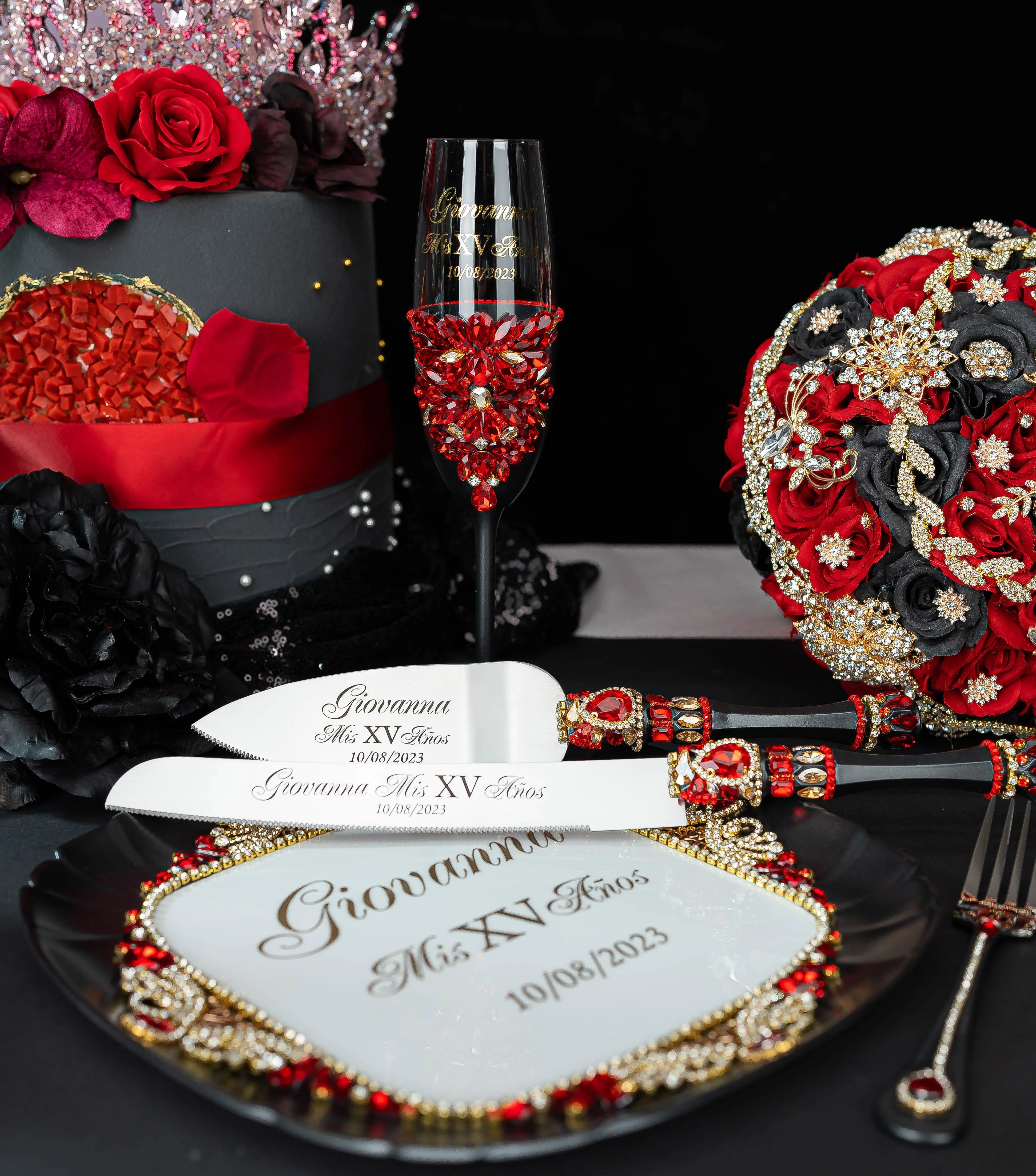 Black with Red 4 quinceanera champagne glasses