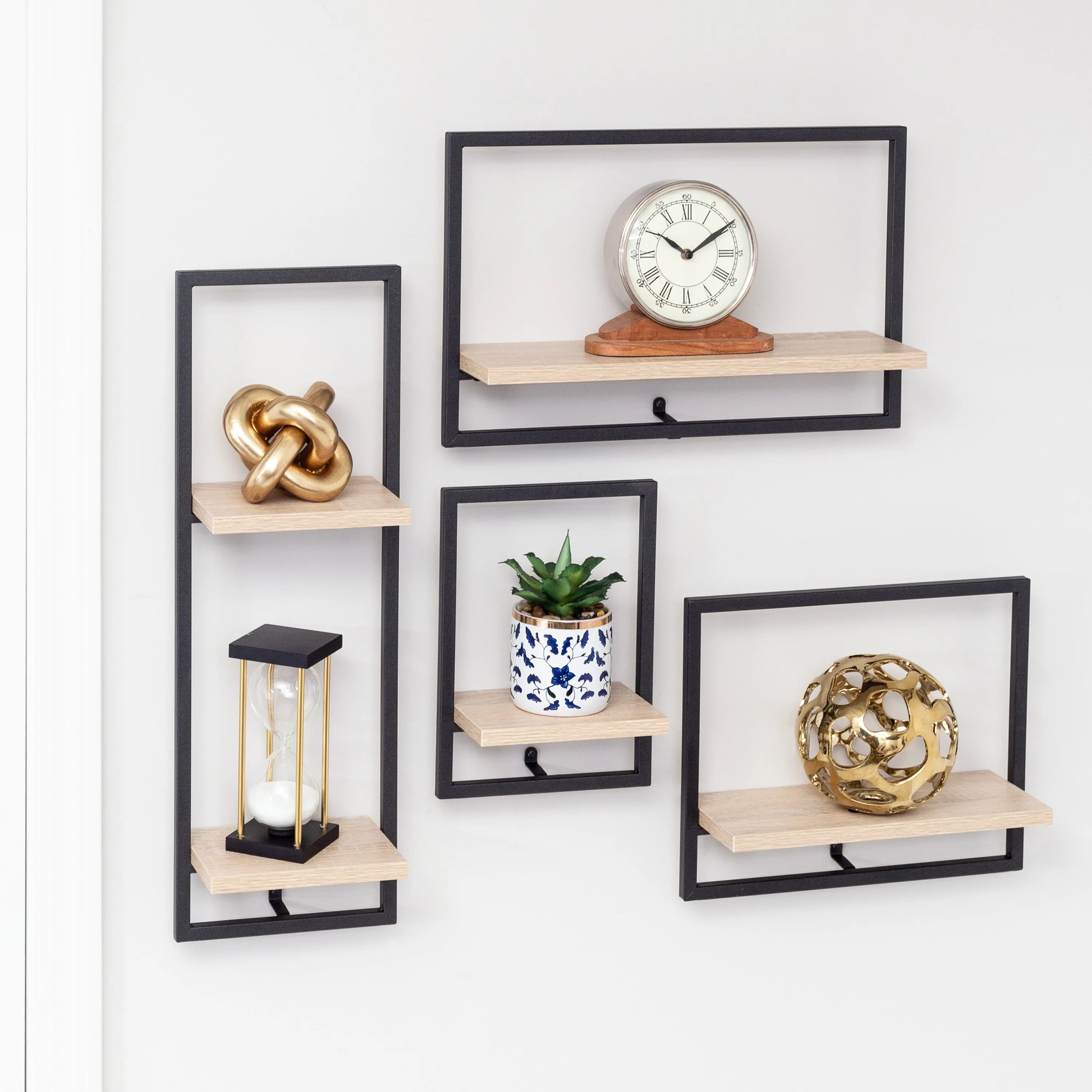 Black/Natural 2-Tier Floating Wall Shelf