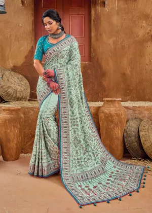 Blue Kachhi & Mirror Work Traditional Banarasi Saree