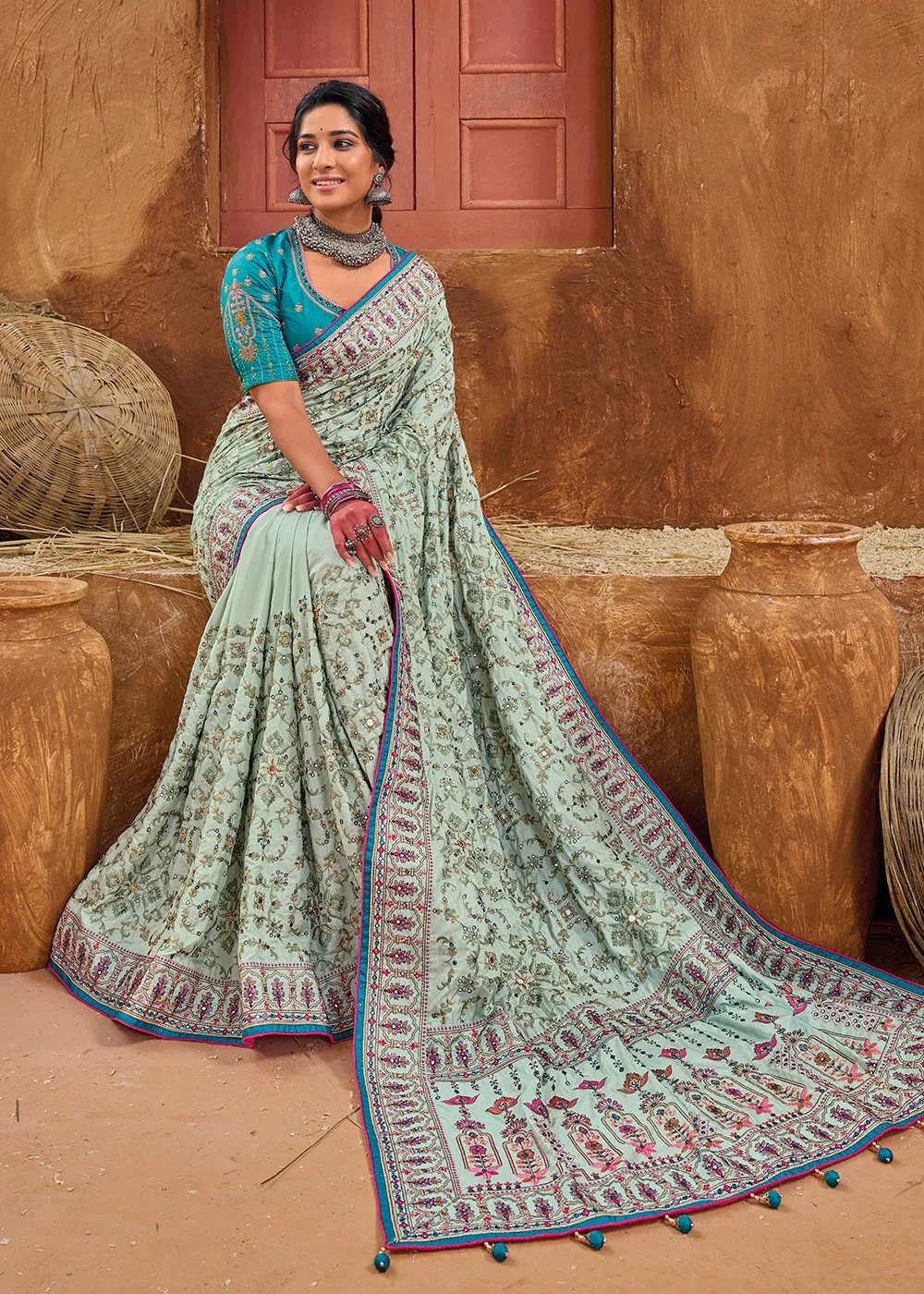 Blue Kachhi & Mirror Work Traditional Banarasi Saree