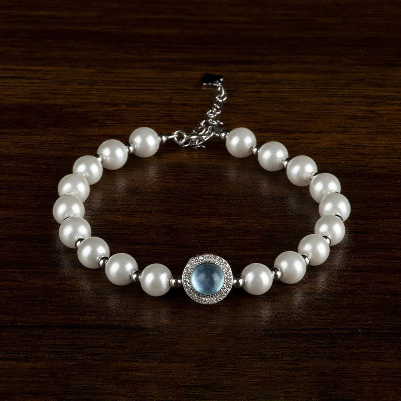 Buddha Stones 925 Sterling Silver Pearl Blue Chalcedony Healing Chain Bracelet Ring