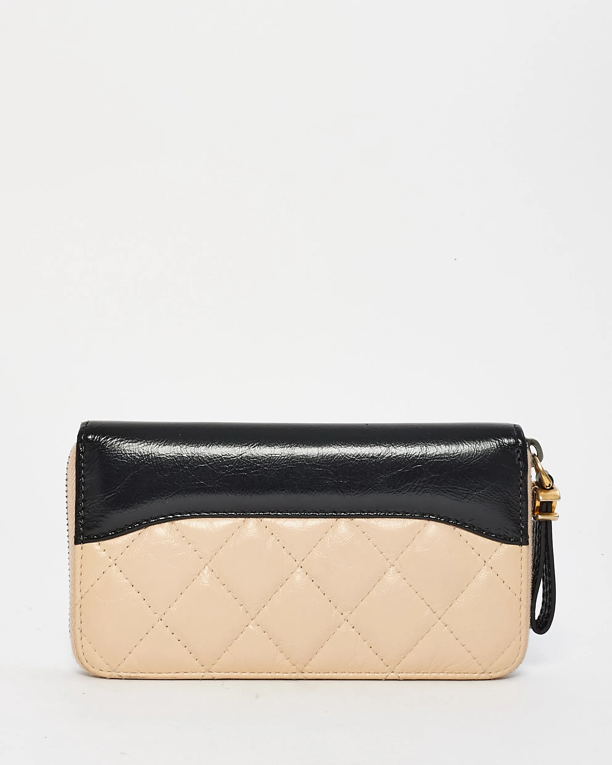 Chanel Beige & Black Lambskin Leather Quilted Zip Wallet