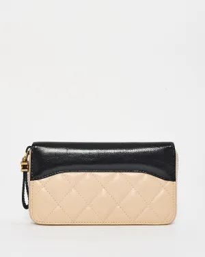 Chanel Beige & Black Lambskin Leather Quilted Zip Wallet