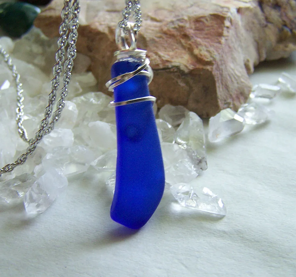 Cobalt Blue Wire Wrapped Natural Beach Glass Pendant Necklace