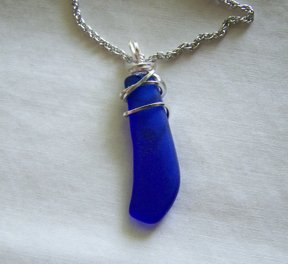 Cobalt Blue Wire Wrapped Natural Beach Glass Pendant Necklace