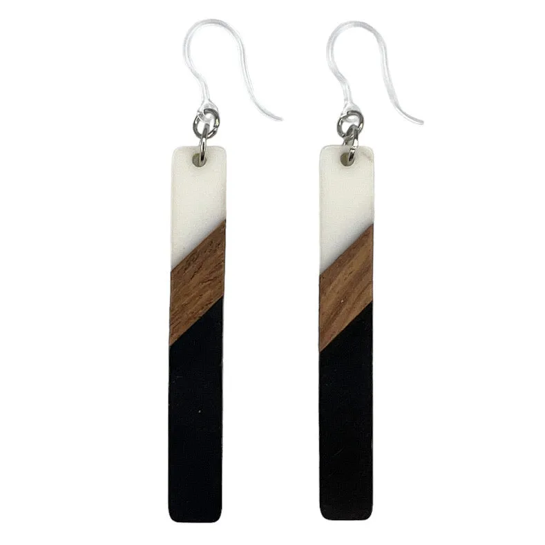 Color Block Wooden Celluloid Bar Dangles Hypoallergenic Earrings for Sensitive Ears Made with Plastic Posts