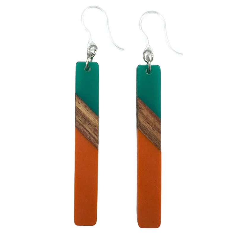 Color Block Wooden Celluloid Bar Dangles Hypoallergenic Earrings for Sensitive Ears Made with Plastic Posts