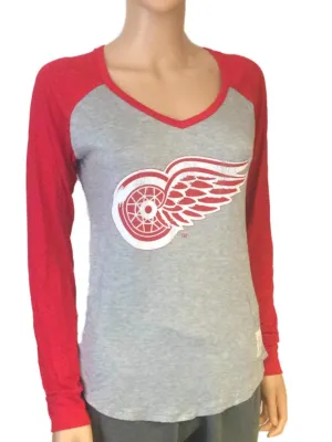 Detroit Red Wings Retro Brand Women Red Two Tone V-Neck Long Sleeve T-Shirt