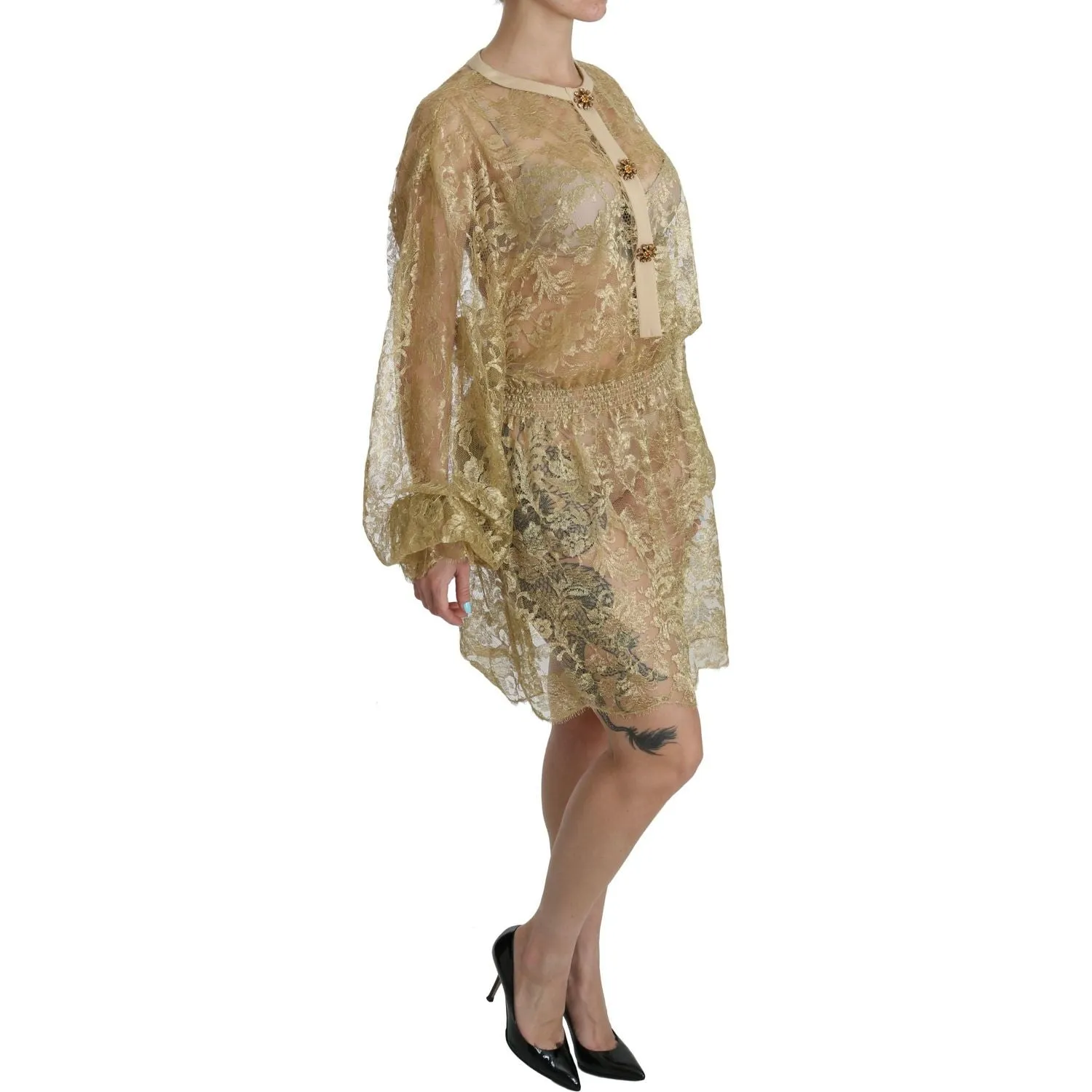 Dolce & Gabbana Elegant Gold Lace A-Line Knee Length Dress