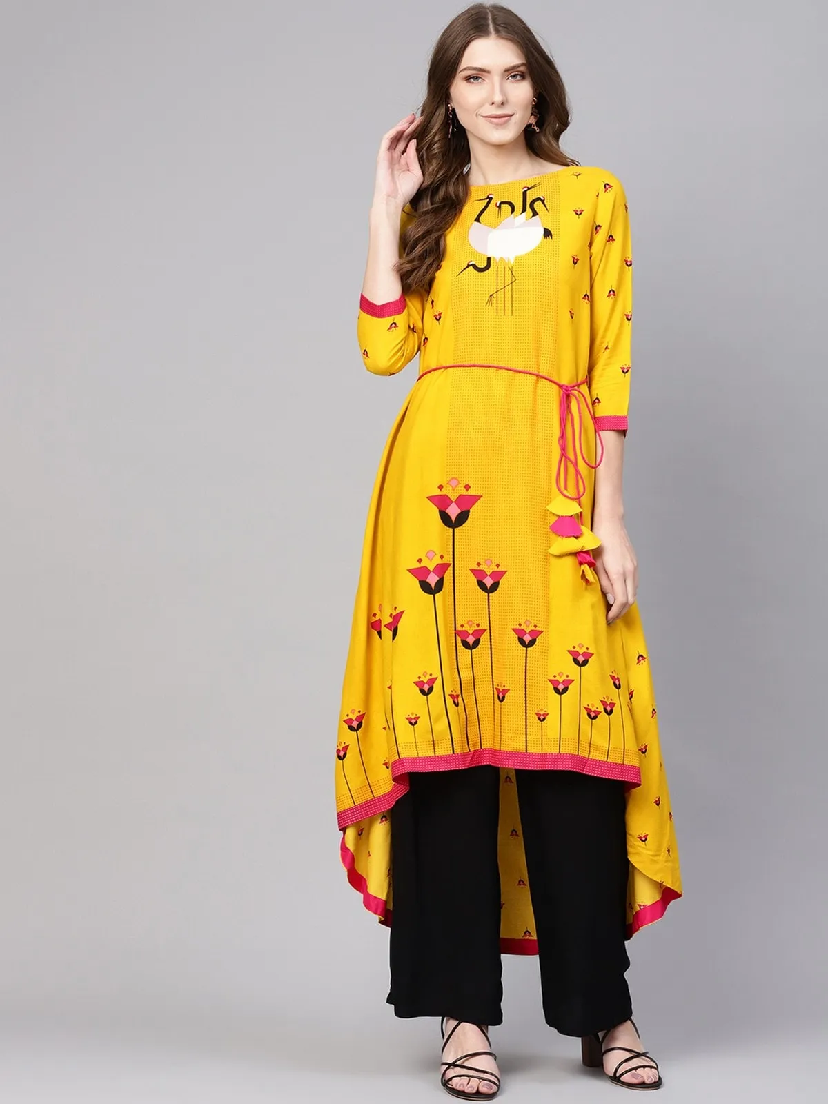 Dori Asymmetric Flamingo Printed Kurta