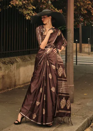 Elegant Chocolate Brown Pure Satin Silk Designer Saree