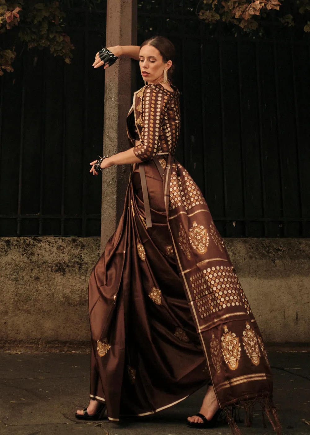 Elegant Chocolate Brown Pure Satin Silk Designer Saree