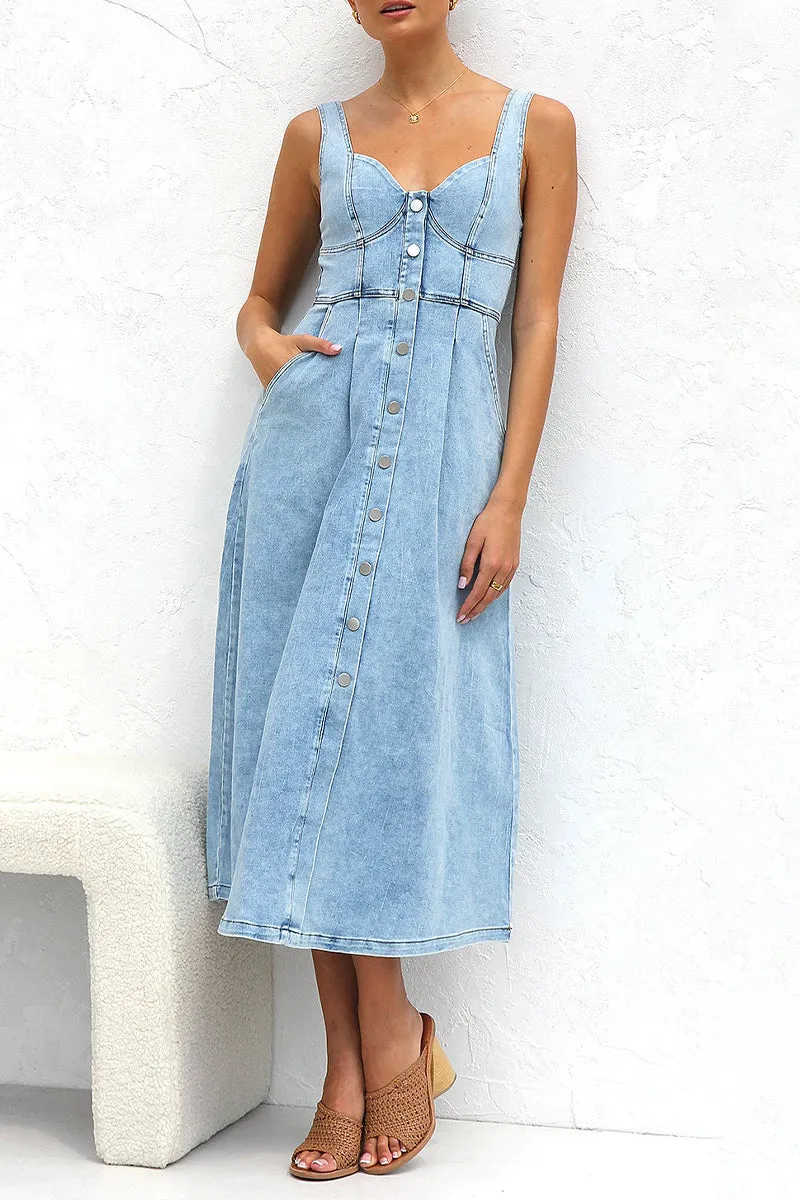 Elegant Solid Make Old Pocket Buckle V Neck Sleeveless Loose Denim Dresses