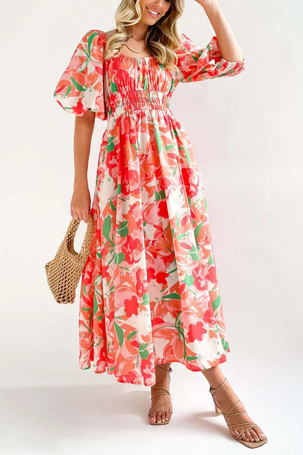 Elegant Square Neck Printed Puff Sleeve Long Dress