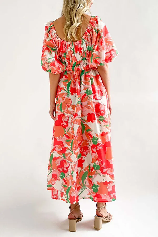 Elegant Square Neck Printed Puff Sleeve Long Dress