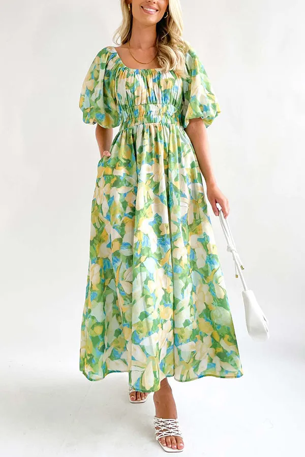 Elegant Square Neck Printed Puff Sleeve Long Dress