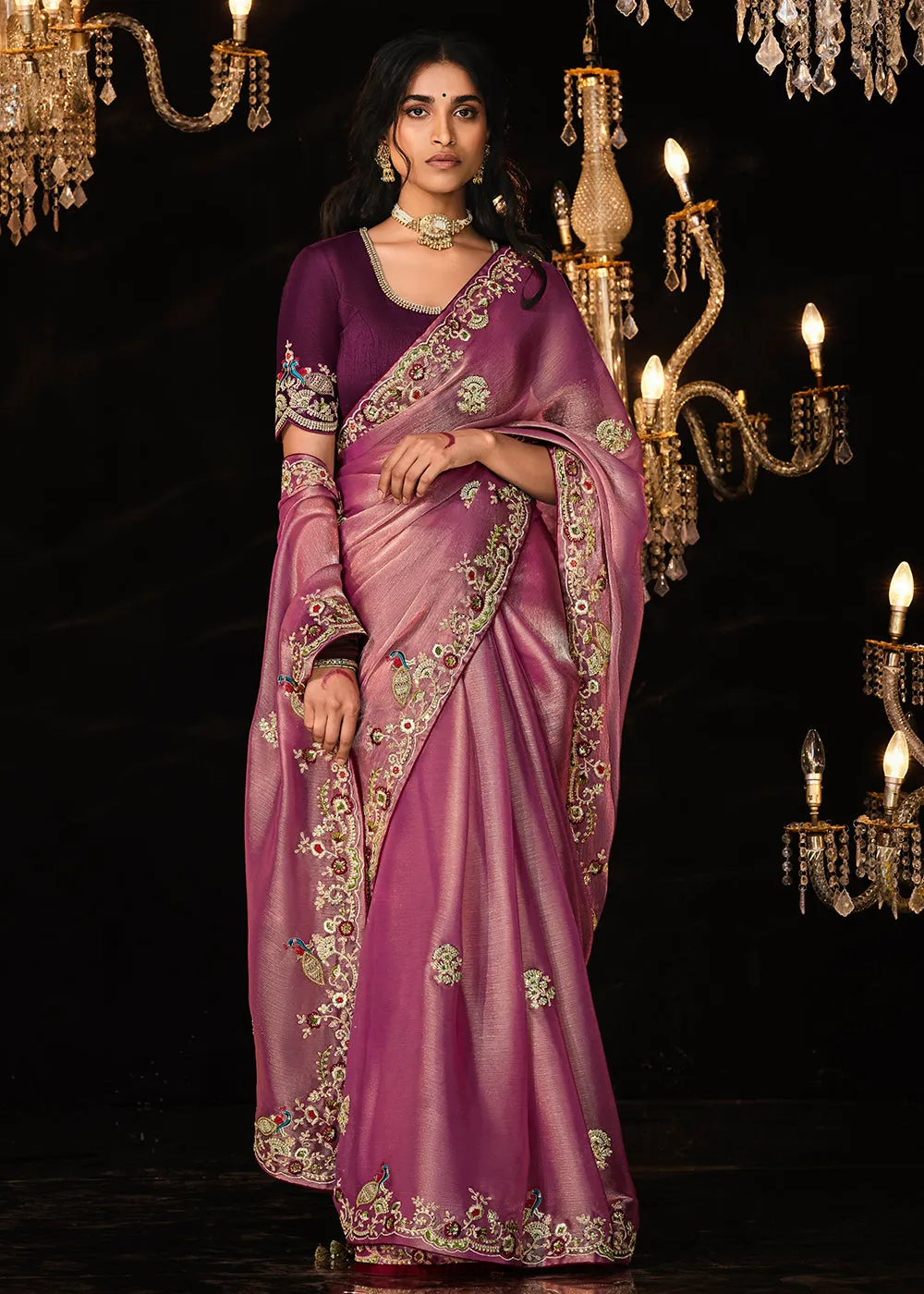 Fancy Plum Violet Embroidered Designer Wedding Wear Saree