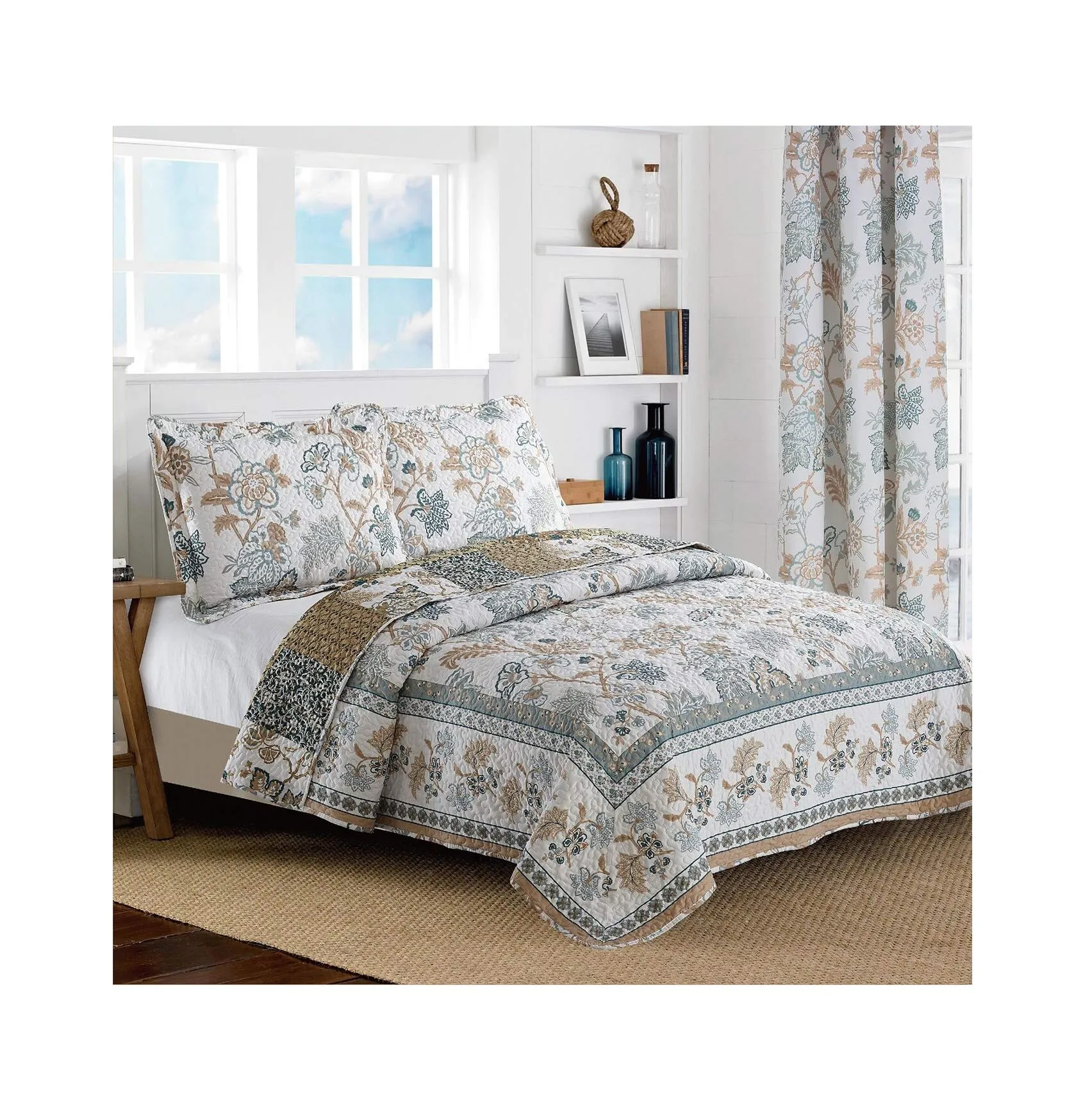 Floral Printed Blue/White Bedspread/Quilt Set