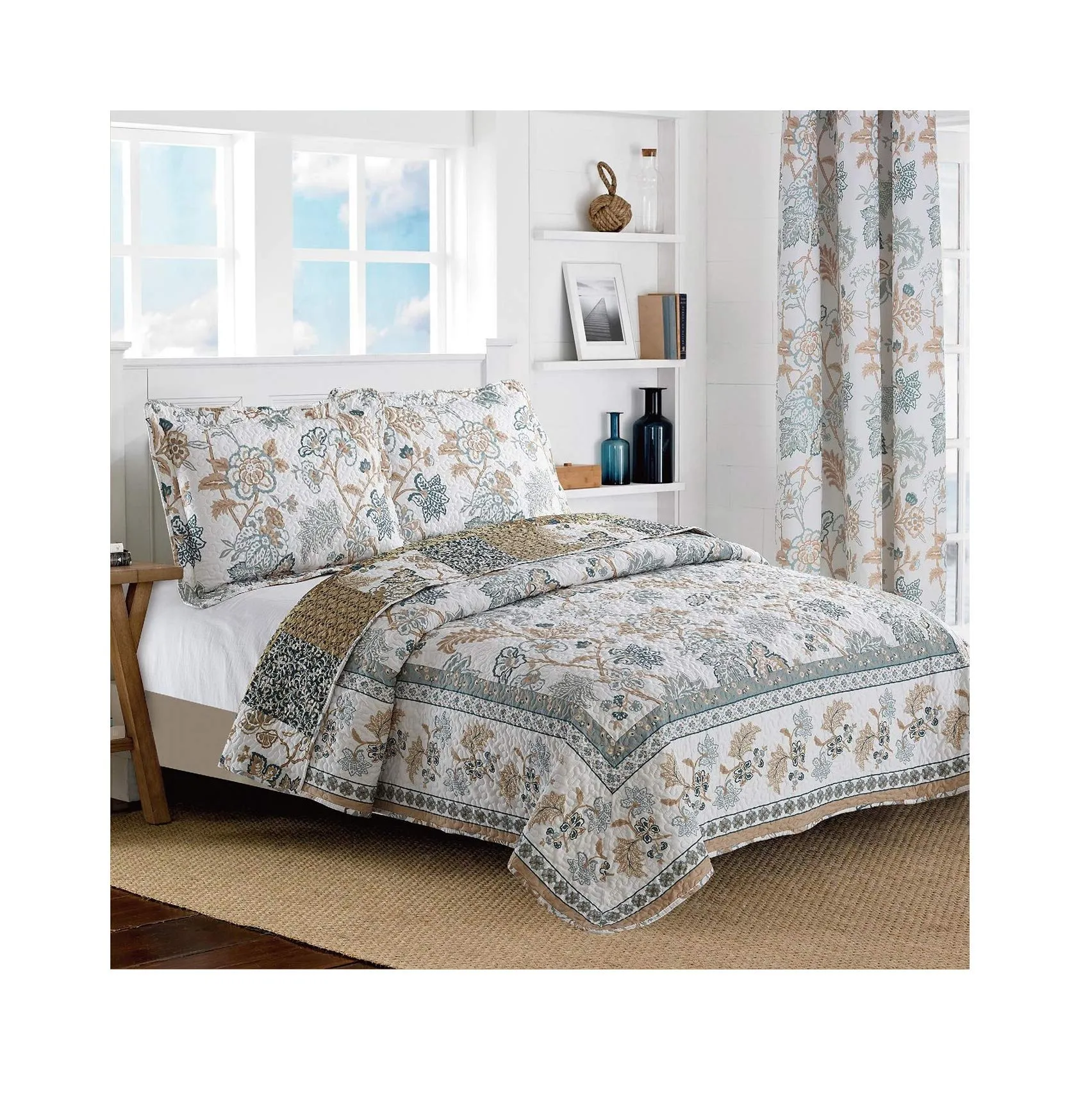 Floral Printed Blue/White Bedspread/Quilt Set