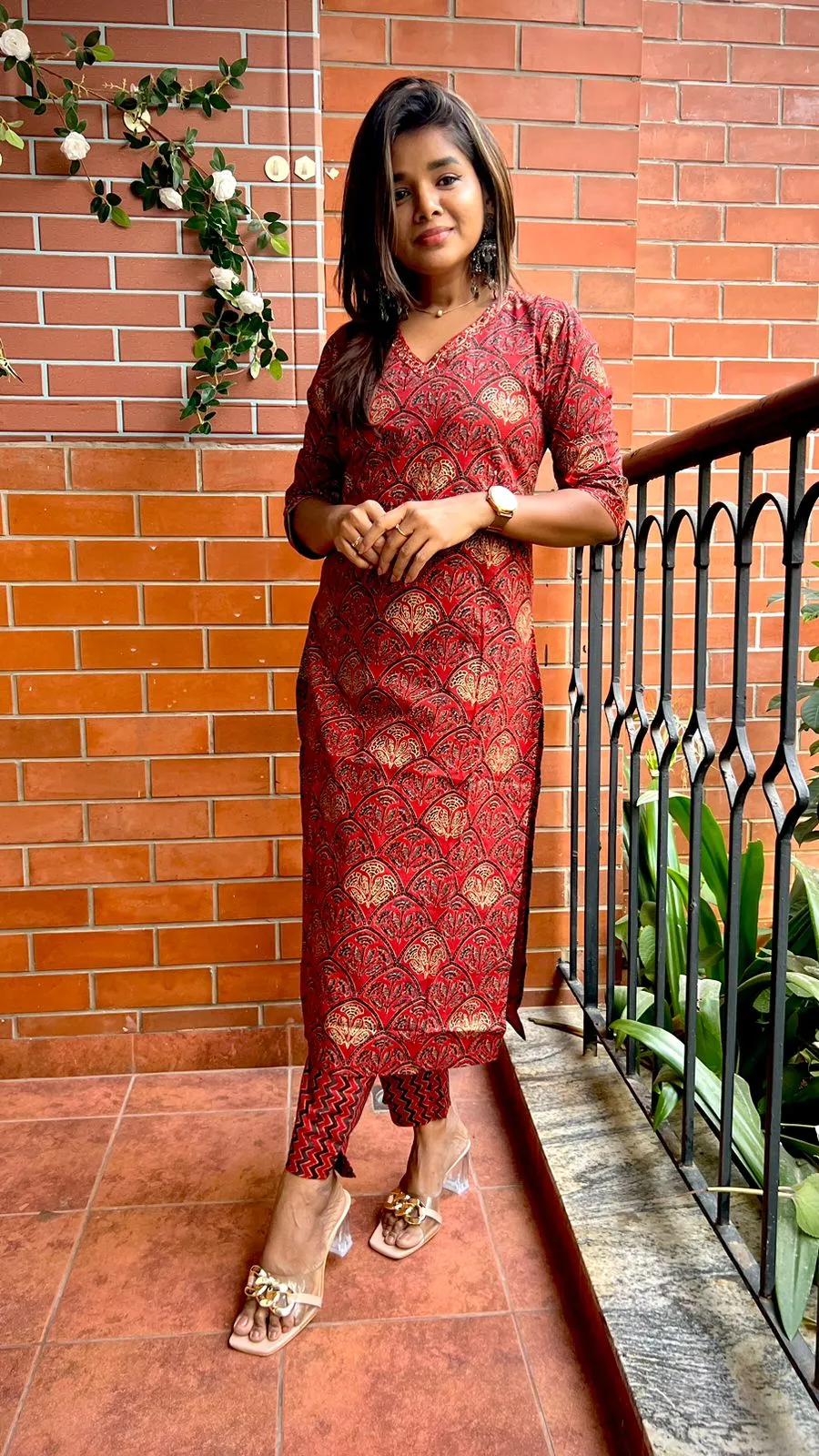 Maroon cotton ajrak printed 2 piece kurti set