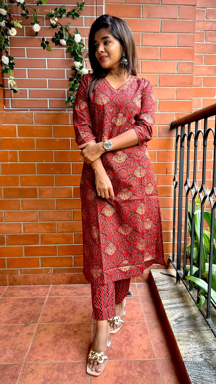 Maroon cotton ajrak printed 2 piece kurti set