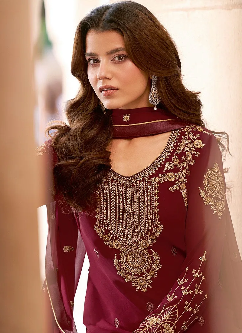 Salwar Kameez in Maroon with Resham & Thread Embroidery