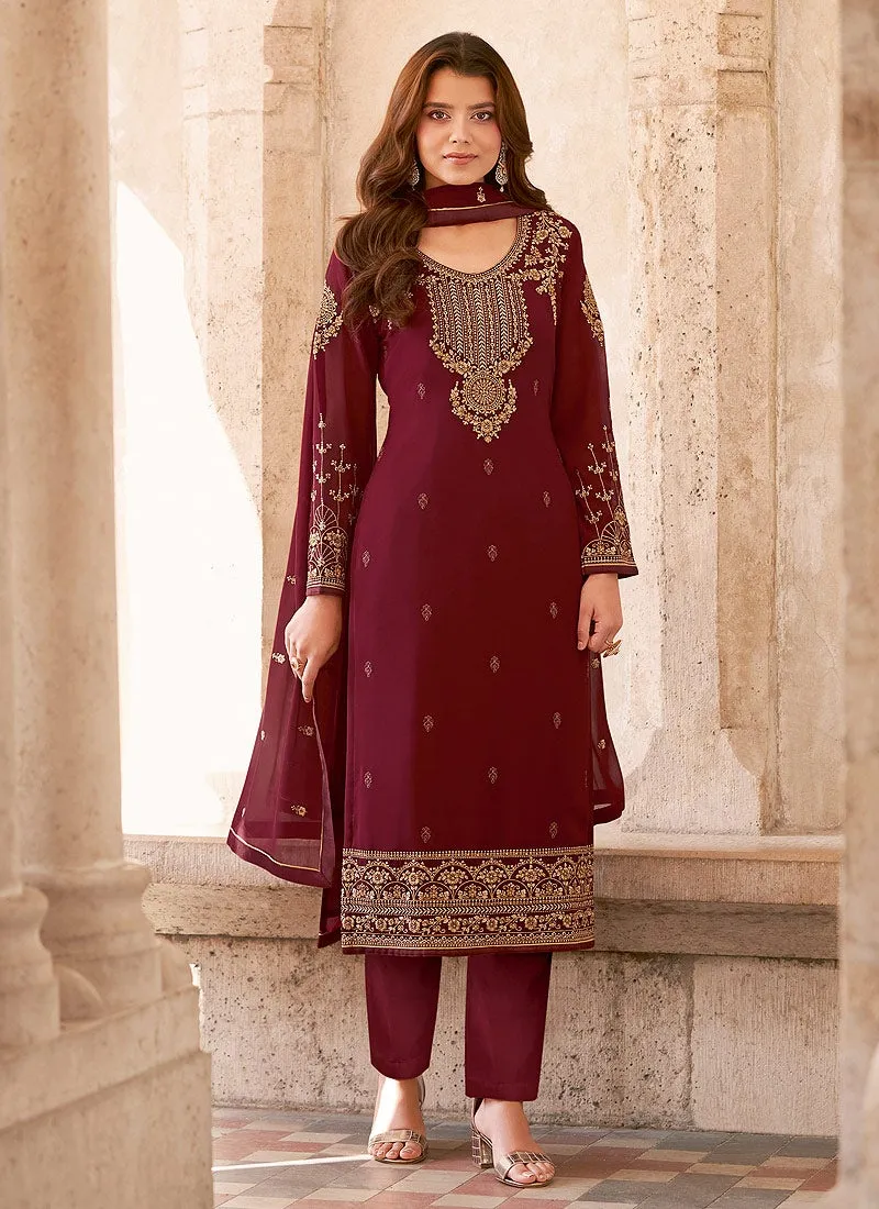 Salwar Kameez in Maroon with Resham & Thread Embroidery