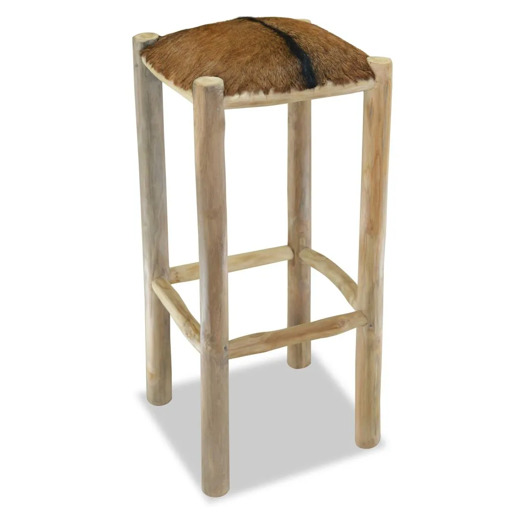 vidaXL Bar Stool Real Leather and Solid Teak Wood