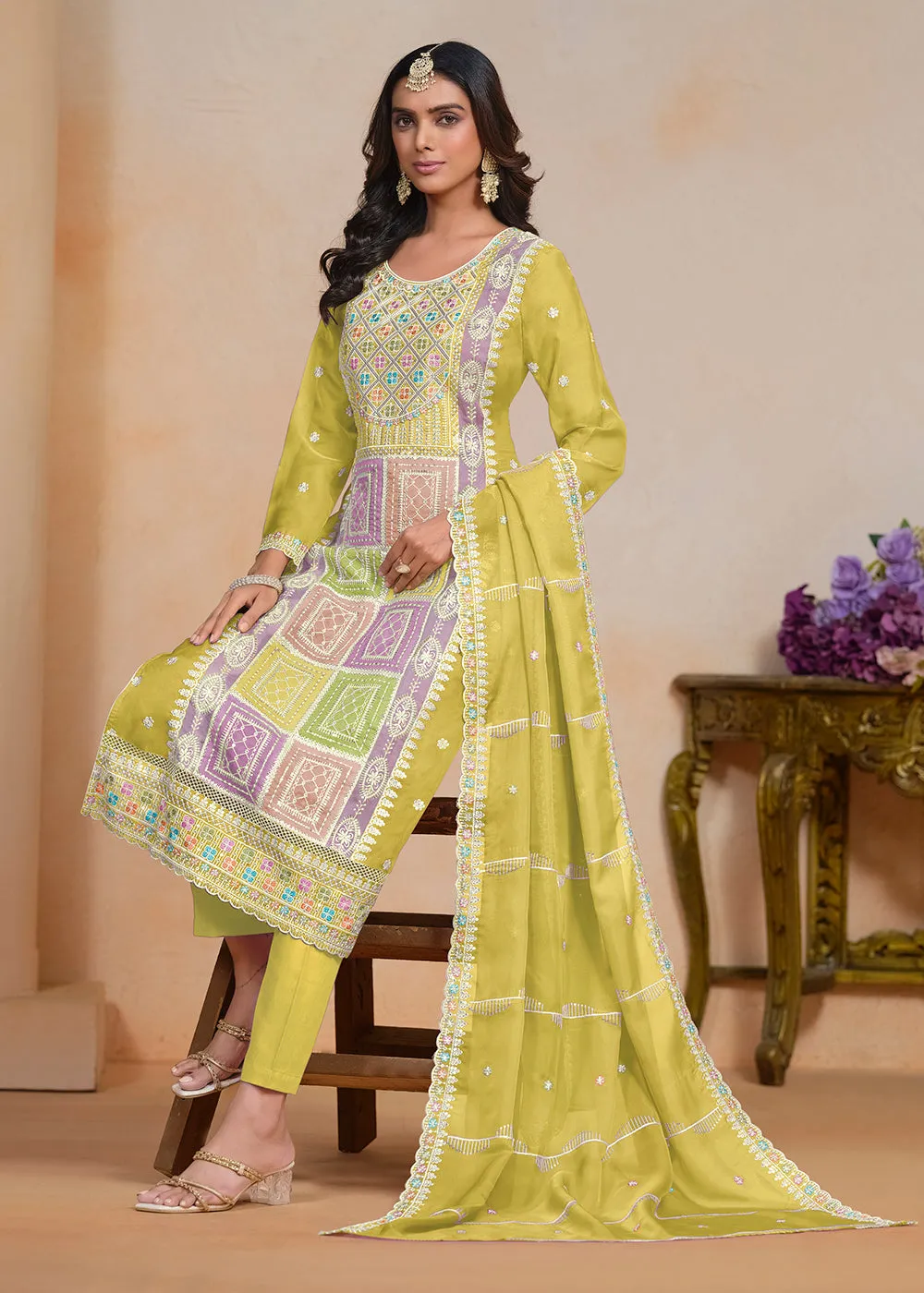 Yellow Soft Organza Embroidered Festive Pant Style Suit