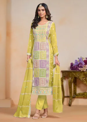 Yellow Soft Organza Embroidered Festive Pant Style Suit